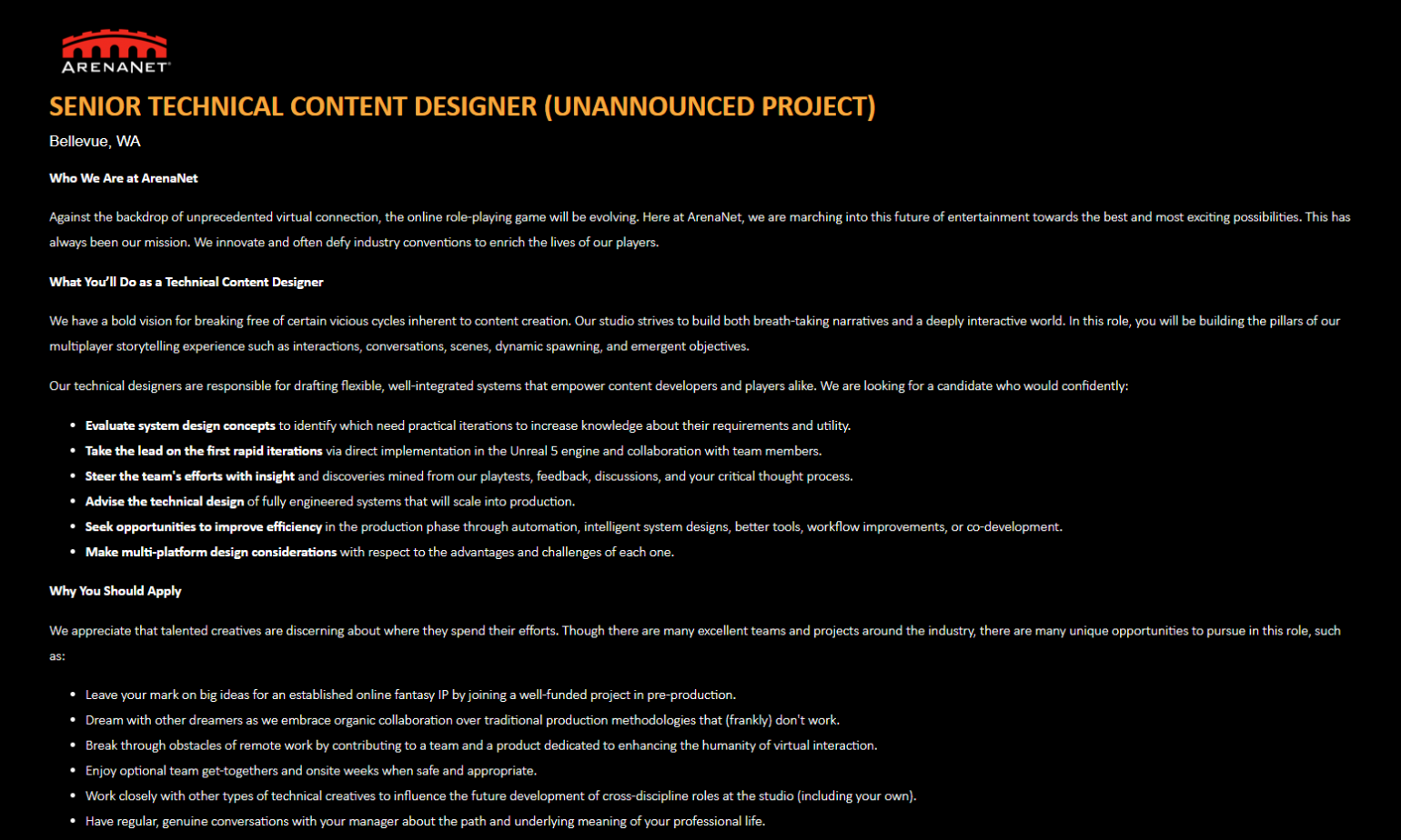 Guild Wars 2 developer hiring for Unreal Engine 5 project based on established IP