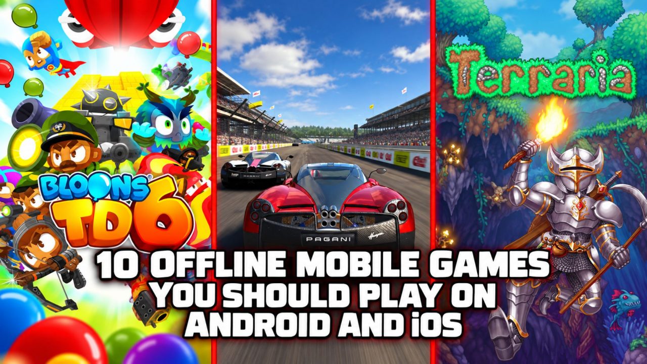 Offline mobile games collage featuring Bloons TD 6, GRID, and Terraria