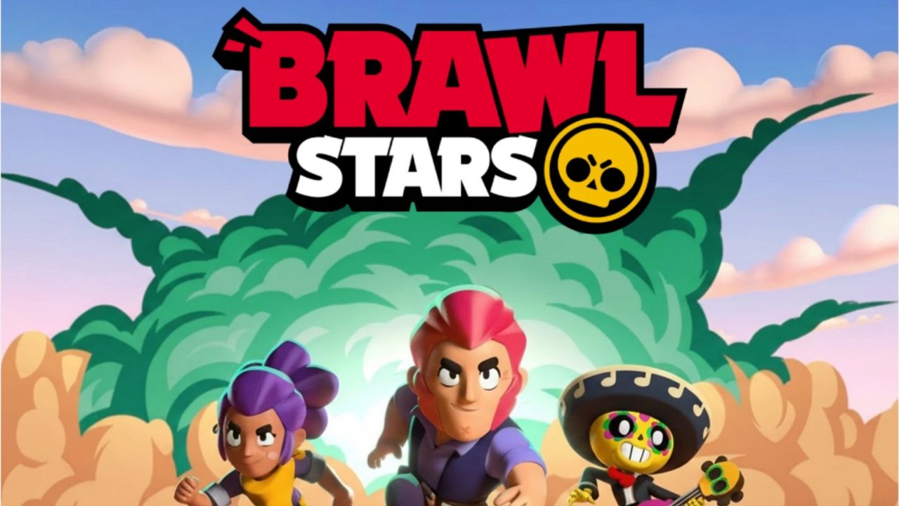Brawl Stars logo above Shelly, Colt, and Poco running through smoke