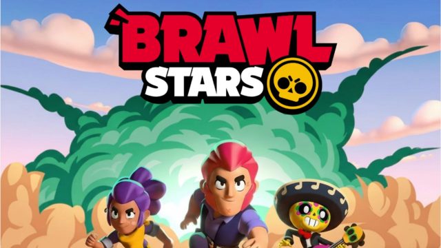 Brawl Stars logo above Shelly, Colt, and Poco running through smoke