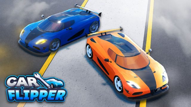 Car Flipper blue and orange sports cars parked beside the game logo