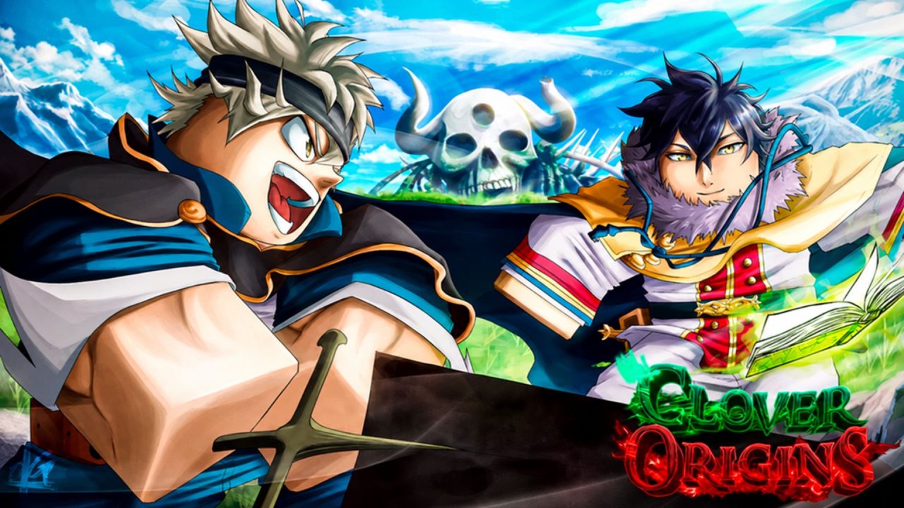 Clover Origins characters face off with a horned skull behind them