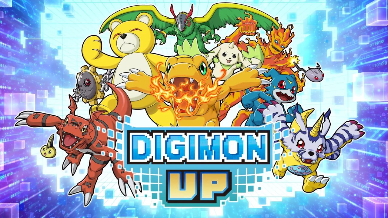 DIGIMON UP characters surrounding the game logo in a digital arena