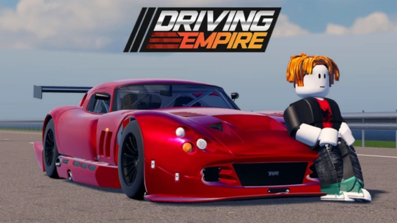 Driving Empire Roblox avatar leaning against a red sports car with a win.