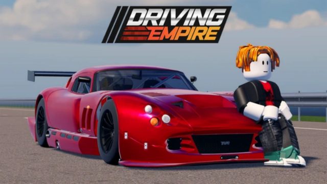 Driving Empire Roblox avatar leaning against a red sports car with a win.