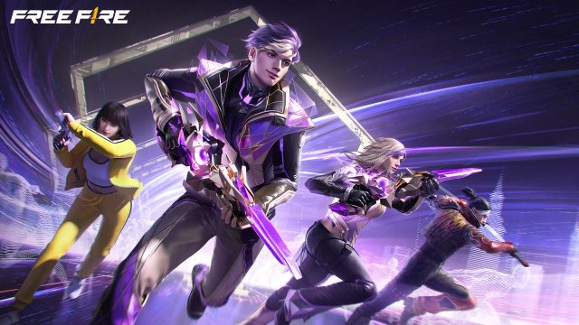 Free Fire squad running through a futuristic purple battlefield