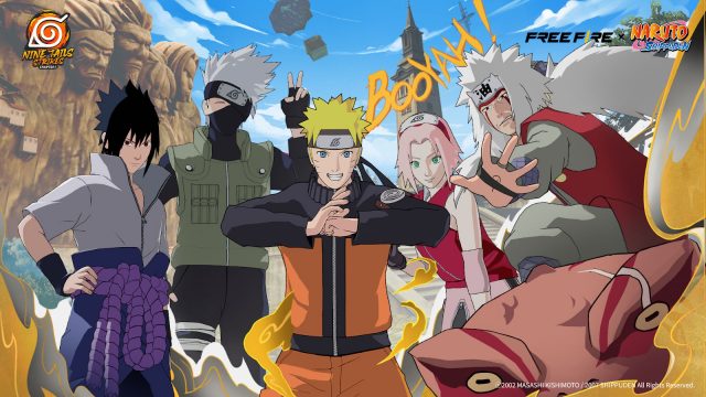 Free Fire x Naruto artwork featuring Naruto, Sasuke, Sakura, Kakashi, and Jiraiya