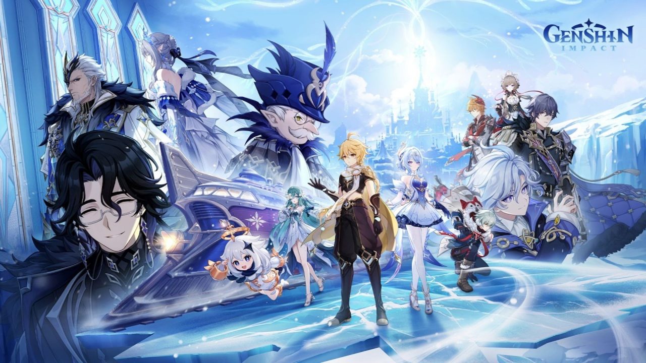 Genshin Impact characters gathered across a bright icy landscape