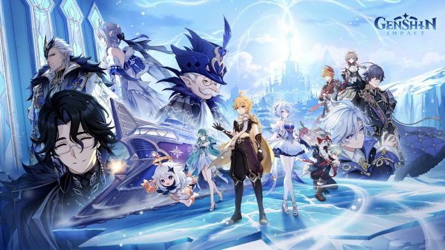 Genshin Impact characters gathered across a bright icy landscape
