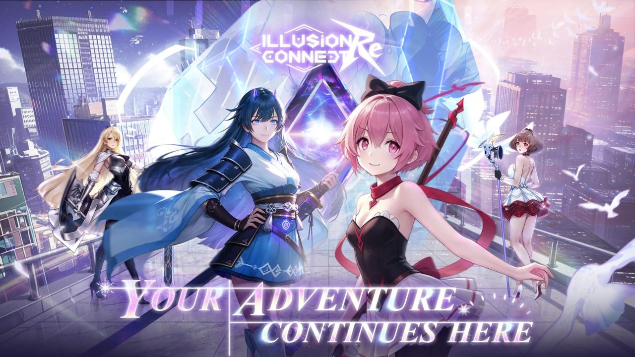 Illusion Connect: Re anime heroes posing above a futuristic city