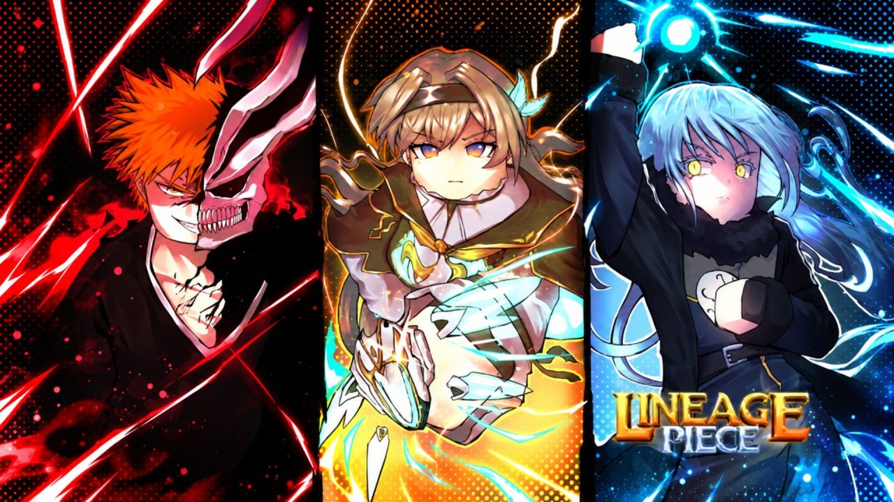 Lineage Piece anime fighters pose with red, gold, and blue effects
