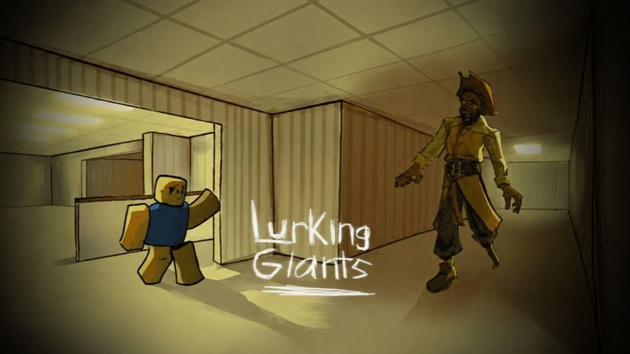 Lurking Giants Roblox character facing a pirate giant indoors
