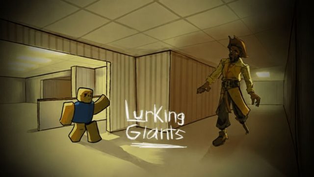 Lurking Giants Roblox character facing a pirate giant indoors