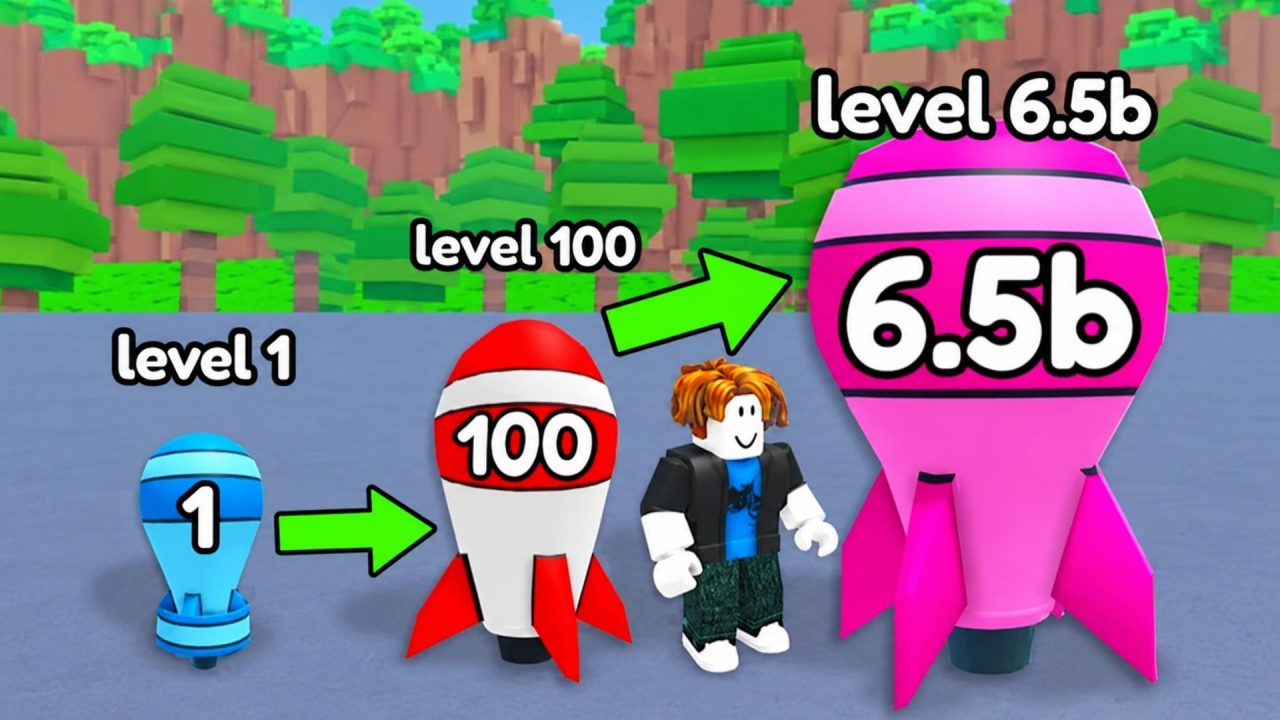 Merge a Nuke rockets growing from level 1 to 6.5 billion beside a Roblox avatar
