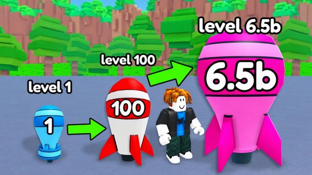 Merge a Nuke rockets growing from level 1 to 6.5 billion beside a Roblox avatar