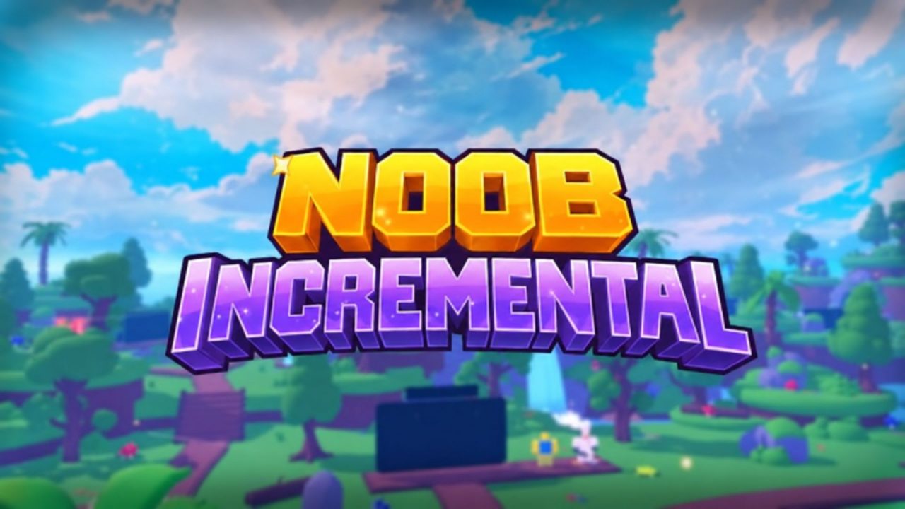 Noob Incremental logo over a colorful tropical game landscape