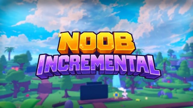 Noob Incremental logo over a colorful tropical game landscape