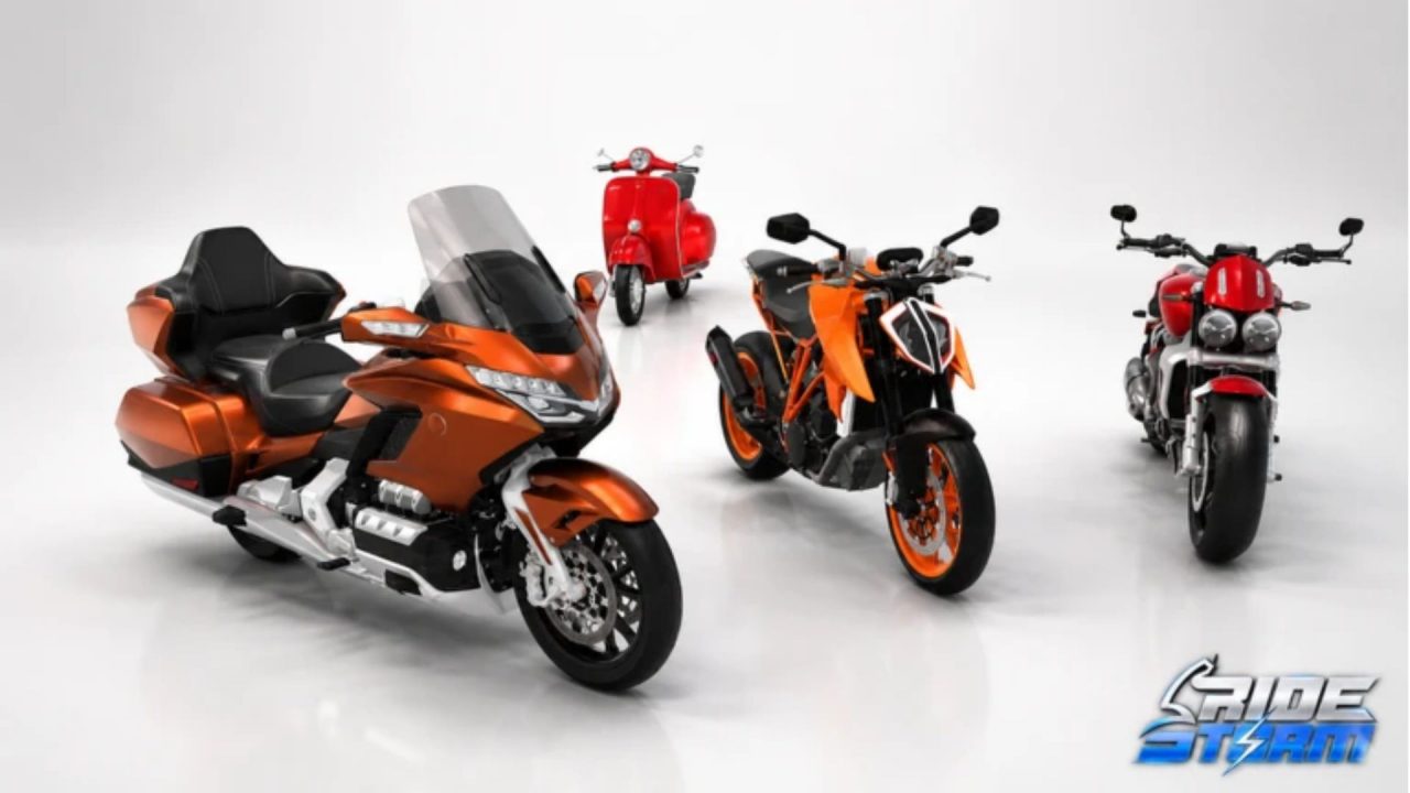 Ride Storm lineup of orange and red motorcycles on a white backdrop.