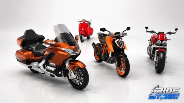 Ride Storm lineup of orange and red motorcycles on a white backdrop.
