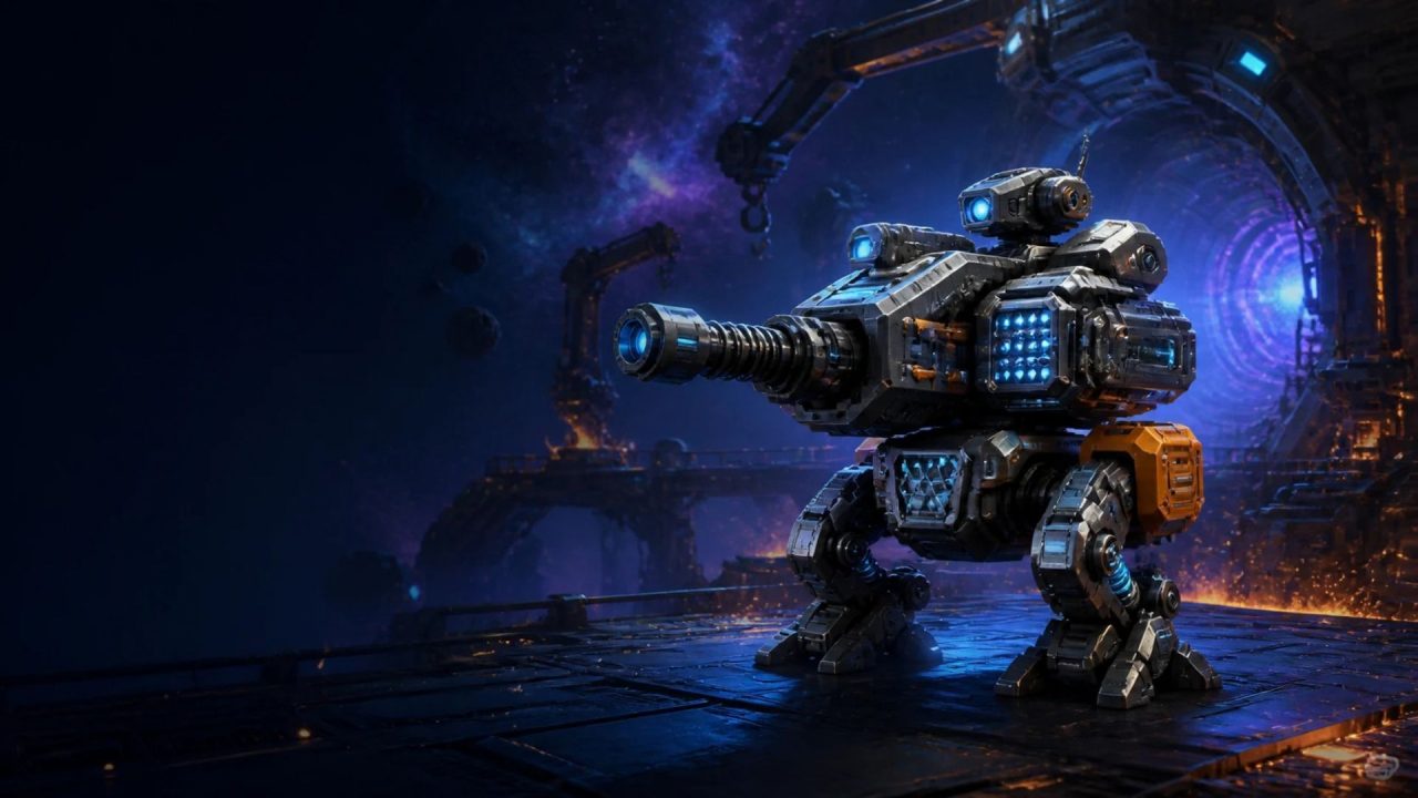 Rivet Nova combat robot with a large cannon in a sci-fi hangar