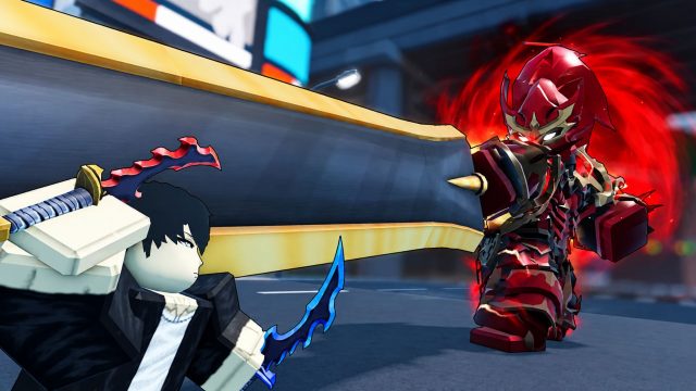 Roblox Solo Hunters swordsman faces a red-armored enemy in battle.