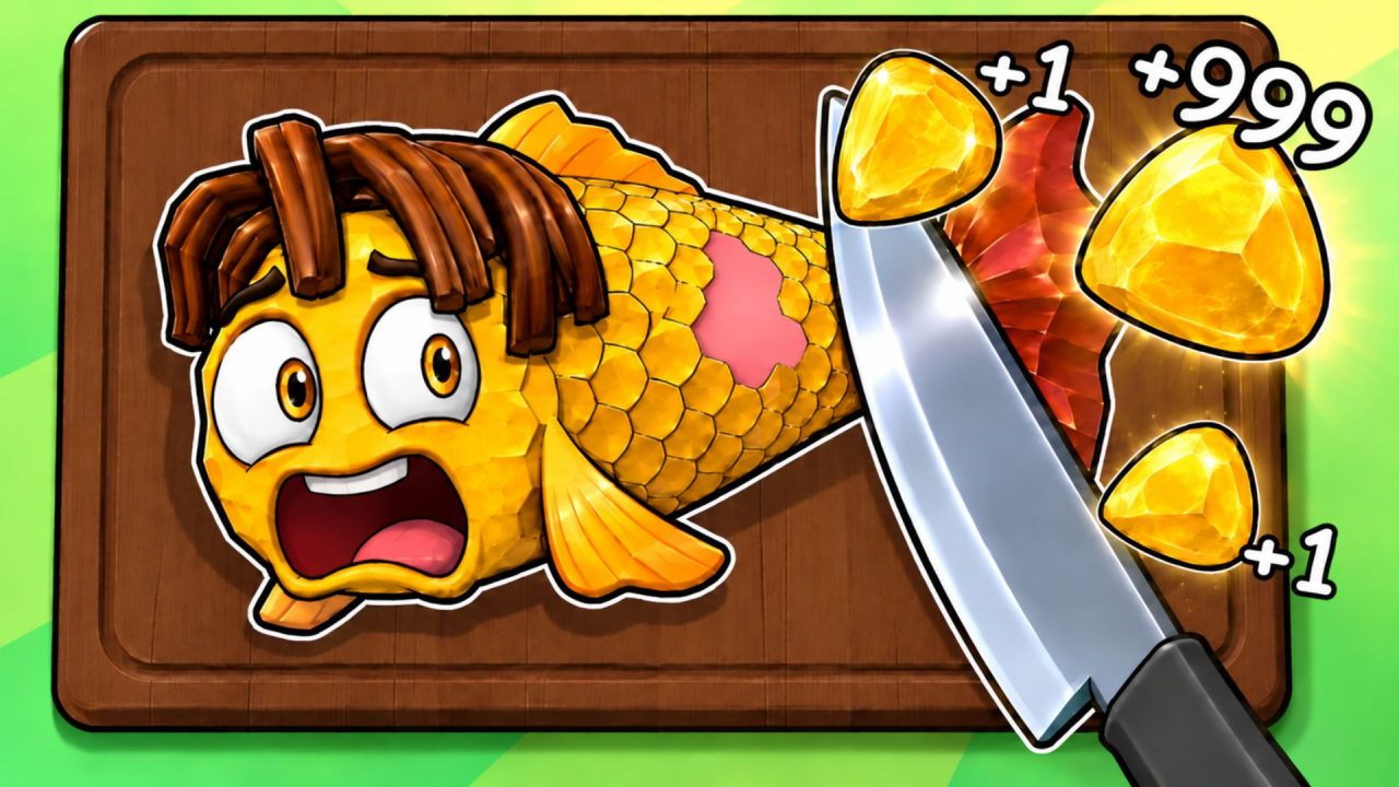 Scale Slimy Fish Roblox thumbnail with a knife cutting gem scales