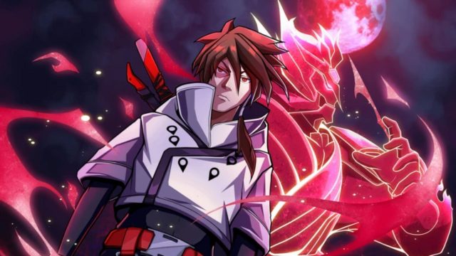 Shindo Life warrior in a white cloak before a glowing red spirit.