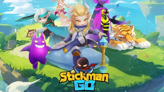 Stickman Go heroes and creatures gathered on a floating island.