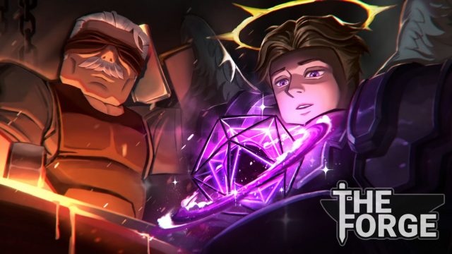 Armored characters holding a glowing crystal in Roblox The Forge