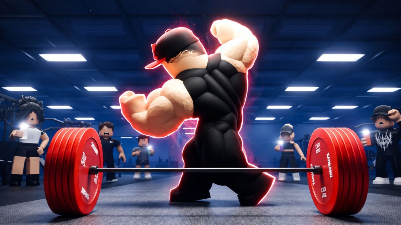 Ultimate Gym Game athlete flexing beside a loaded red barbell