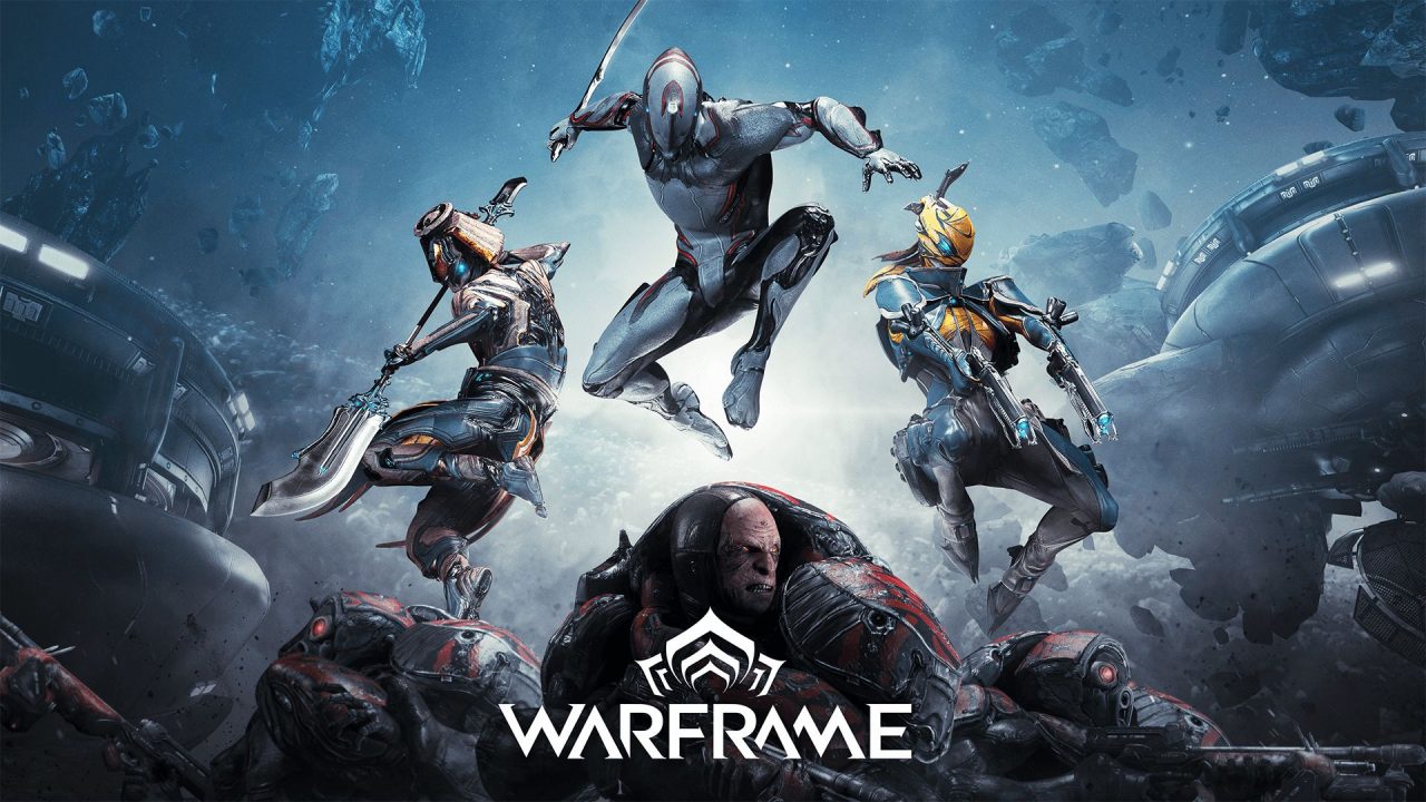 Warframe heroes leap into battle against armored enemies in space.