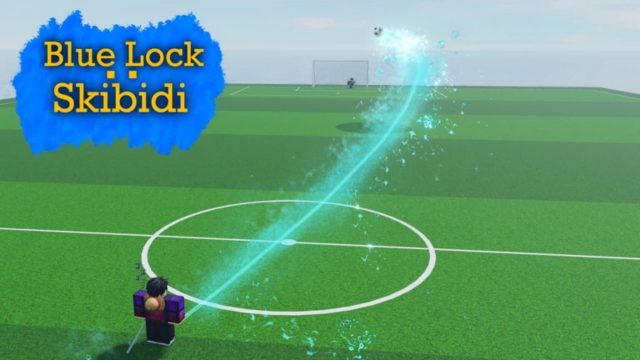 Blue Lock Skibidi soccer ball leaving a glowing blue trail over the field.