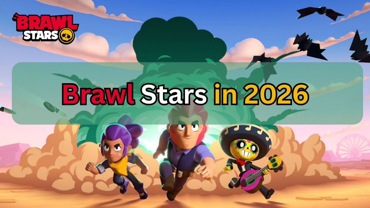 Brawl Stars in 2026 banner with Shelly, Colt, and Poco running together.