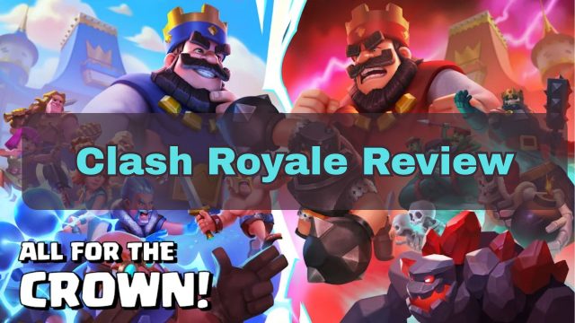 Clash Royale kings and troops facing off in blue and red arenas.