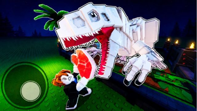My Dino Park Roblox avatar holds meat before a white dinosaur's jaws.