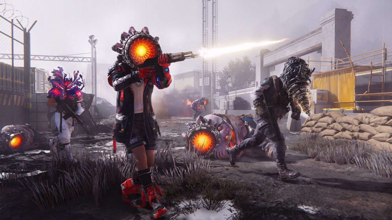 Once Human characters with monstrous heads fighting in an industrial yard.