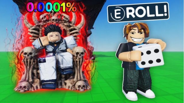 Roll an Anime avatar holding dice beside a character on a skull throne.