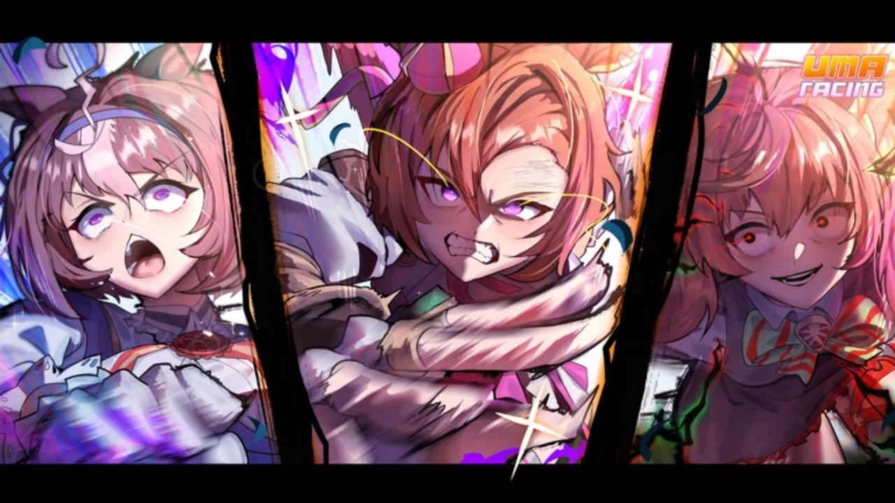 Uma Racing art with three horse-eared characters in separate panels.
